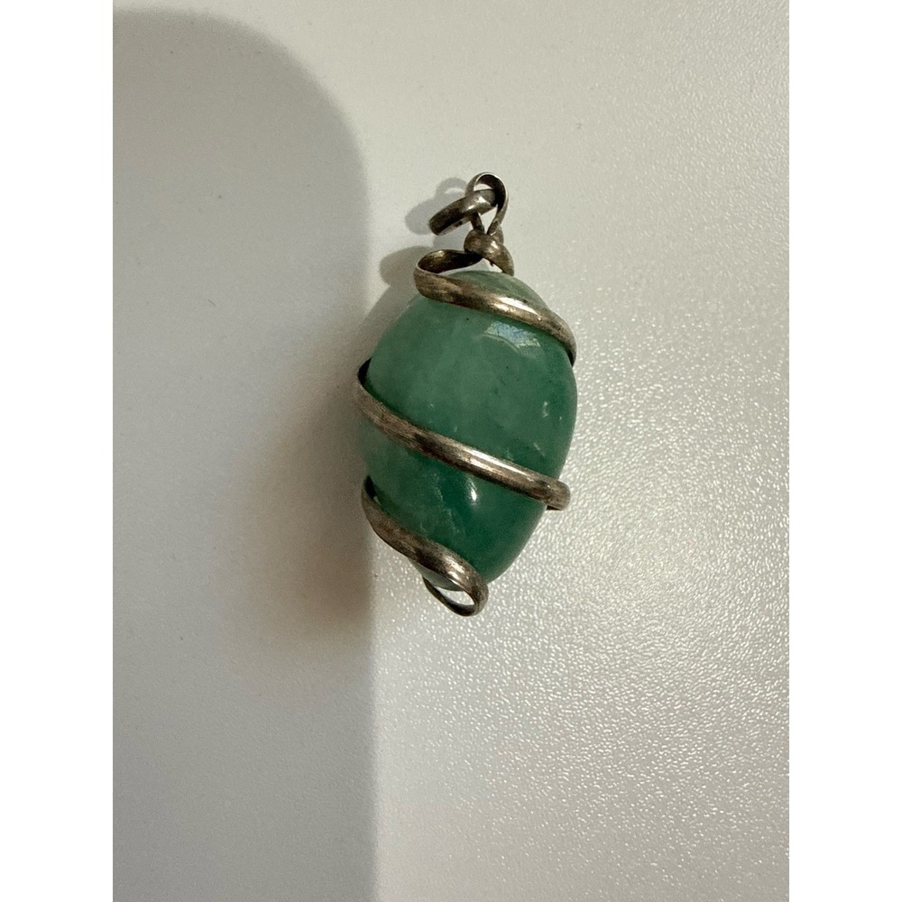 925 Sterling Silver Necklace Charm Green Stone Or Glass Swirl Jewelry Unmarked